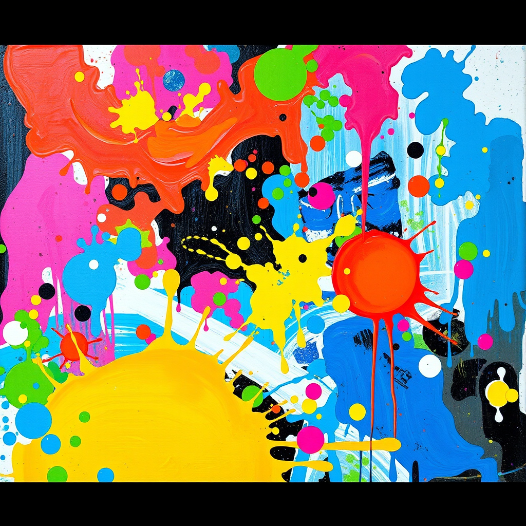 Create an image that features a vibrant, abstract painting with various patterns and color splashes. The painting should be the main focus of the image.