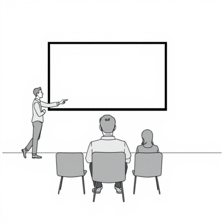 Create a minimalist illustration of a presenter pointing at a large screen with two audience members seated in front, using a DSLR camera with a 50mm lens, aperture f/1.8, ISO 100, and a clear, focused background.