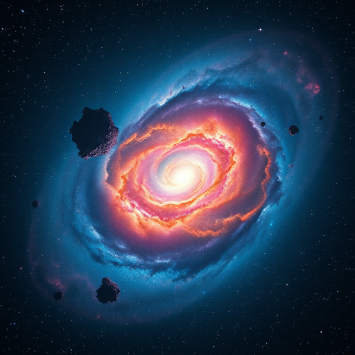 a stunning view of a galaxy bursting with vibrant colors and swirling clouds of gas and dust, captured with a Canon EOS R5 at f/1.8, ISO 100, shutter speed 1/200s, wide-angle lens, astrophotography style, high dynamic range, focus on cosmic details and luminosity