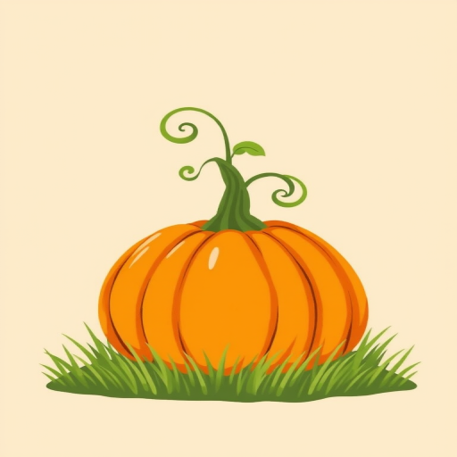 Create an illustration of a large vibrant orange pumpkin with a curly green stem and green leaves on top sitting on a patch of grass against a soft beige background.