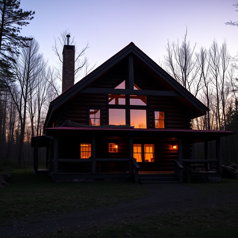 log cabin at twilight with warm light glowing from windows, ISO 100, f/2.8, 1/60 sec, taken with a DSLR camera from a frontal view, using a wide-angle lens for enhanced depth and detail.