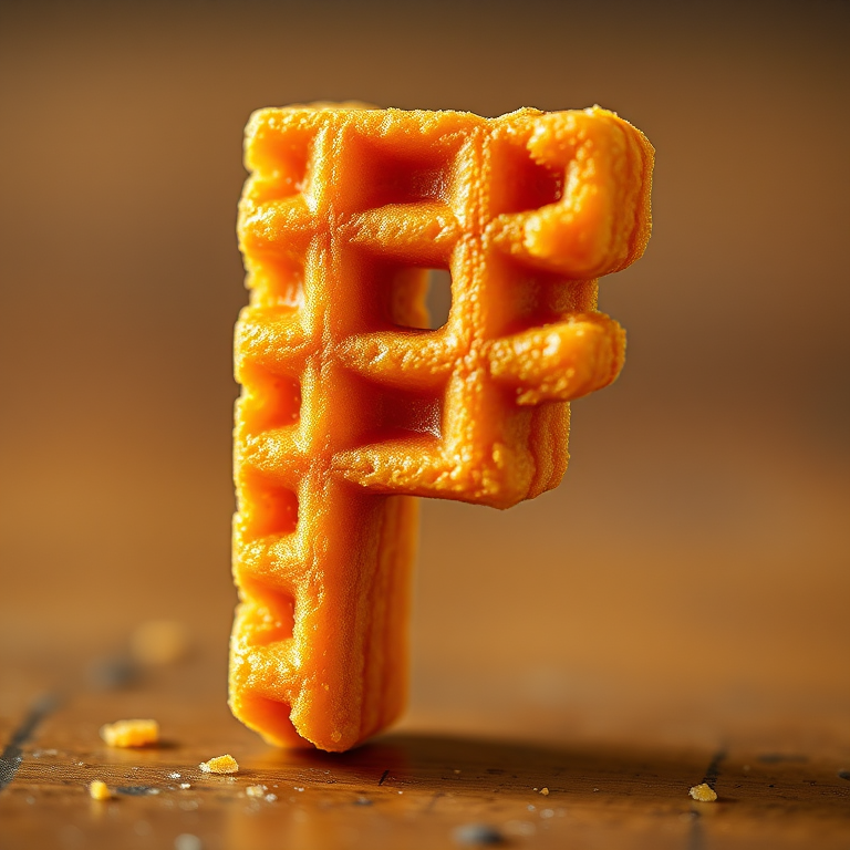 Create a hyper-realistic image of a golden waffle-shaped letter F, captured with a Canon EOS R5 at f/2.8, 1/125 sec, ISO 200, using a macro lens for detailed texture and vibrant colors, with a soft-focus background to enhance depth.