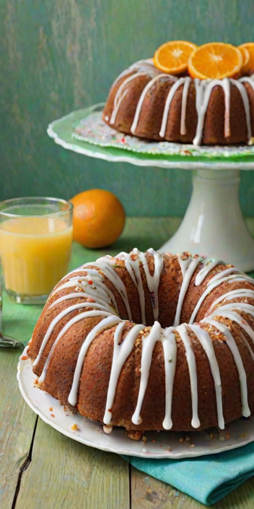 Create an image of a beautifully decorated bundt cake with a crumbly topping and a drizzle of icing. Display the cake on a white cake stand, accompanied by a slice on a green plate. Include a glass of orange juice in the background and use a soft, textured blue tablecloth as the backdrop. Make the scene inviting and appetizing.