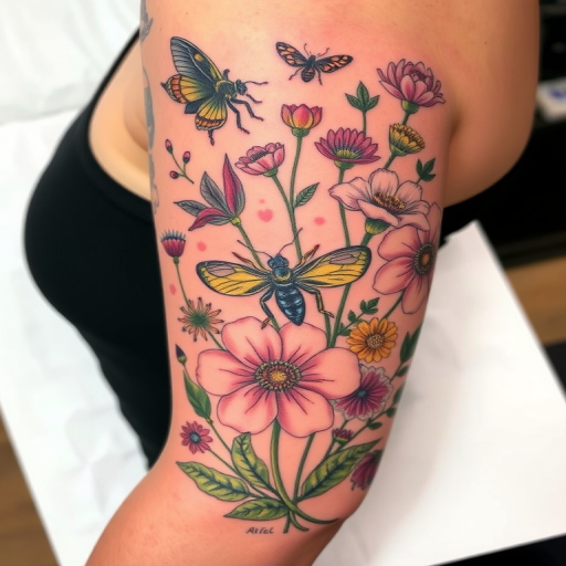 Botanical tattoo named "Wild Garden Symphony" featuring a variety of realistic flowers, leaves, and insects arranged in a harmonious composition, showcasing meticulous attention to natural details