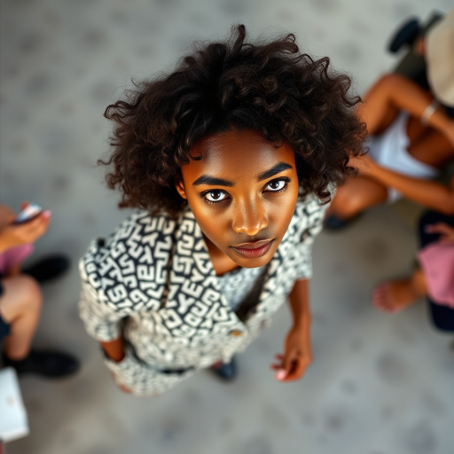 Capture the model from a high angle, emphasizing the outfit’s pattern and silhouette. Use a 35mm prime lens to maintain sharpness and minimize distortion