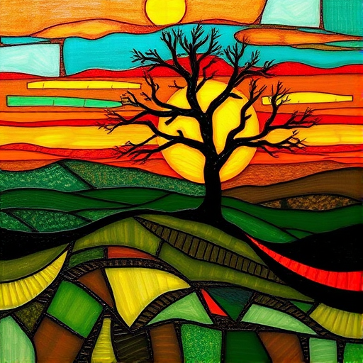 A vibrant abstract painting on Tiffany Glass, blending acrylic and alcohol ink techniques, captures a dramatic sunset over rolling hills. The artwork features a textured, rocky foreground in green and brown, layered abstract hills, and a striking sunset in rich oranges, yellows, and reds. A solitary black tree with intricate branches contrasts against the fiery sky, creating a dynamic and expressive portrayal of a breathtaking natural scene.