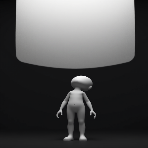 Create a 3D render of a simplistic humanoid figure looking up at a large, abstract gray shape above it, use a rendered view with a soft focus effect, set camera aperture to f/2.8, ISO 100, shutter speed 1/60 seconds, with a 50mm lens and a studio lighting setup for high contrast and clarity.