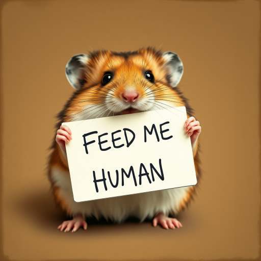 hamster holding a note which says "FEED ME HUMAN"