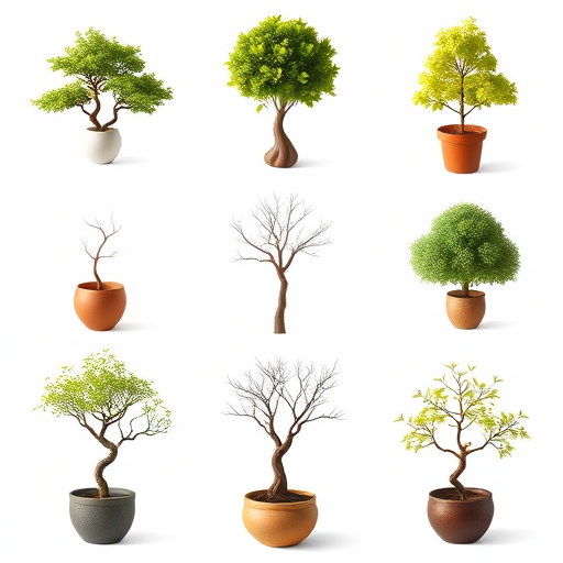 Create a digital illustration of nine trees in pots arranged in a 3x3 grid, featuring a mix of lush green trees and one bare tree, use soft lighting, high resolution, shot with a DSLR camera at f/4, ISO 100, with a 50mm lens for sharp focus and vibrant colors.