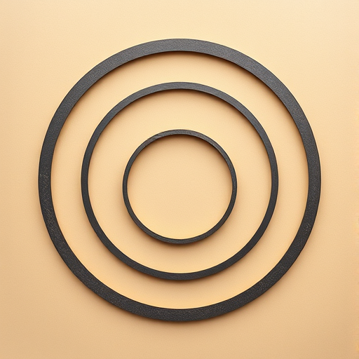 Create an abstract image featuring three concentric circles on a beige background, using a high-resolution camera with an f/2.8 aperture, 50mm lens, and a slight overhead view for clarity and detail.
