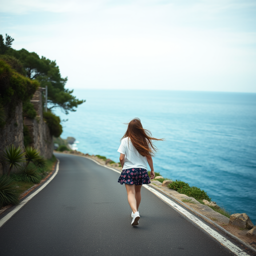 Wide-angle shot of a coastal road leading down to a calm blue ocean. A chubby high school girl with long hair, blown gently by the ocean breeze, walks along the road, looking to the viewers with. Enhanced contrast, and a soft focus on the horizon. Use a DSLR camera with a 24mm lens at f/5.6