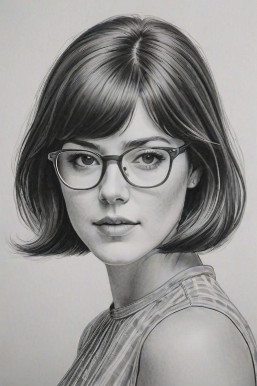 Appealing Mary Elizabeth Winstead, pencil sketch, portrait of Resplendent woman 1965s in glasses, hair style beatnik, outline, clear lines, fine lines, 8k