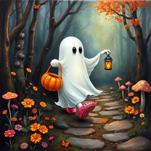 whimsical acrylic and oil painting, 3D, of a ghost, walking and carrying an orange pumpkin bucket and a lantern in the other hand, with bright pink croc shoes, background path in the enchanted forest, wildflowers, colorful mushrooms misty hues of black and orange with bright gold glitter, ultra detailed..Inspired by a prompt from another group