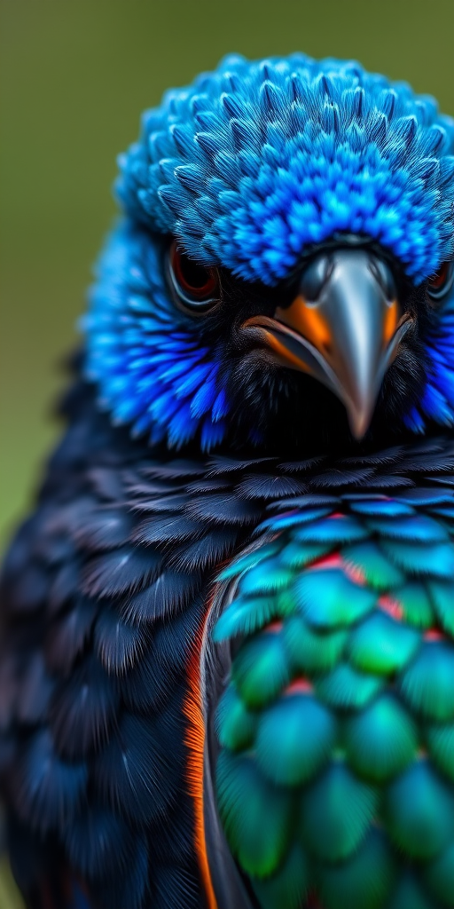 close-up of a vibrant bird with iridescent blue and black feathers, shallow depth of field, 85mm lens, f/1.8 aperture, ISO 200, natural lighting, captured with a DSLR camera