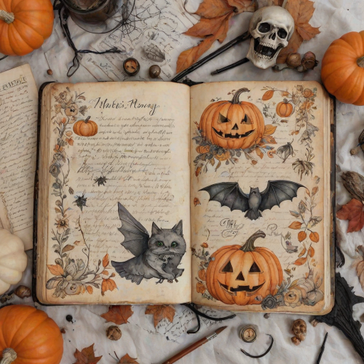 Design a detailed watercolor, vintage-inspired Halloween-themed imagery for a cottagecore junk journal. The design features a spooky yet shabby chic aesthetic with handwritten elements in faded ink, showing slight wear. Include pumpkins, cute ghosts, and adorable skulls alongside autumn florals, all rendered in soft pastel colors like pale orange, cream, and black for accents. The imagery has a slight worn or parchment texture, creating a nostalgic feel. The high-resolution image has no blur, contrast, or grainy textures, and is filled with intricate details in 8k definition.