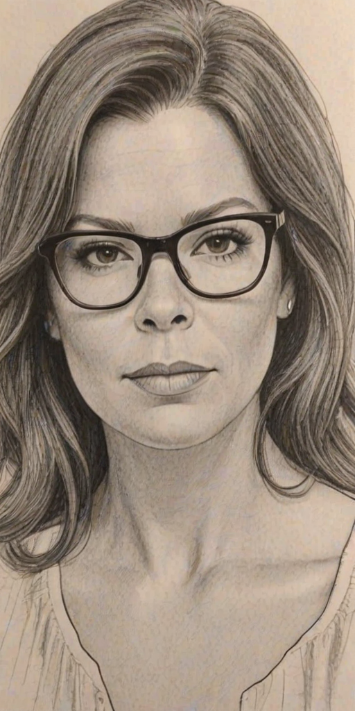 Graceful Marcia Gay Harden, pencil sketch, portrait of Wonderful woman 1964s in glasses, hair style beatnik, outline, clear lines, fine lines, 8k
