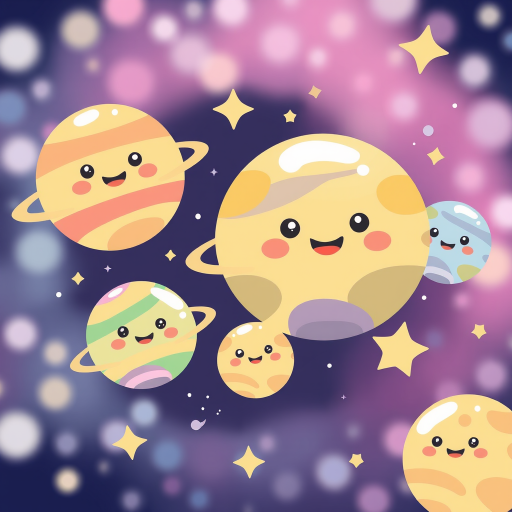 Create a whimsical cartoon space scene featuring cute planets with smiling faces in pastel colors surrounded by stars and a dreamy galaxy background with soft bokeh effects.