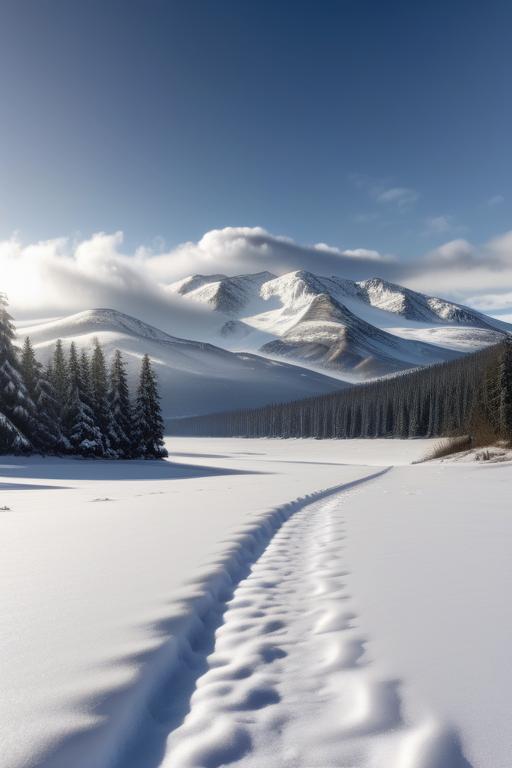 Serene Winter Landscape with Snow-Covered Mountains and Pine Tree Forest