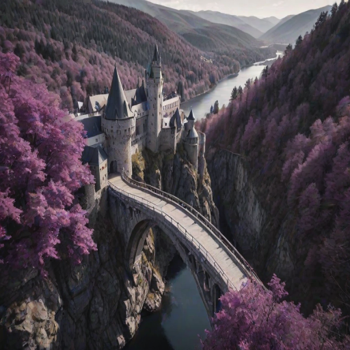day, natural lighting, bridge focus, CandiBRIDGE, no humans, mountain, water, tower, castle, bridge, purple trees, from above, negative space, scenery, intricately detailed illustration, depth of field, atmospheric perspective, purple theme, monochrome, selective coloring