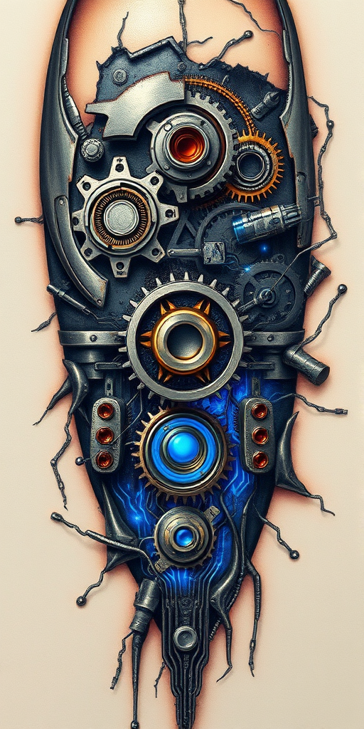Surrealist biomechanical tattoo blending organic shapes with mechanical elements, featuring exposed gears and circuits beneath torn skin, rendered in shades of metallic silver, copper, and electric blue