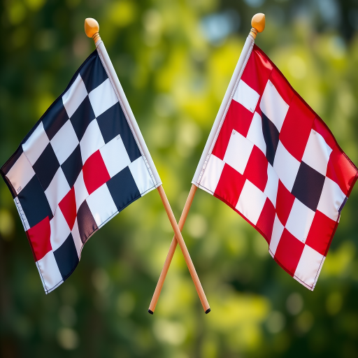 Create a high-resolution image of two crossed checkered flags, with a focus on vibrant colors and sharp details, using a DSLR camera, 50mm lens, f/1.8 aperture, ISO 100, shot in natural lighting and at eye level.