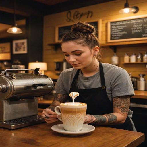 Low-light image, inside a cozy coffee shop, a barista with a messy bun and tattoos on her arms, carefully pouring a latte with intricate foam art, steam rising from the cup, warm yellow lighting reflecting off polished wooden countertops, customers in the background chatting softly, old-fashioned chalkboard menu on the wall.
