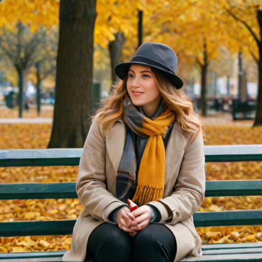 Bustling city park in autumn, golden leaves falling from the trees, a woman sits on a park bench, bundled in a scarf and hat, sipping from a thermos.