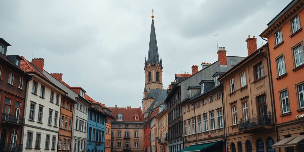 Capture a high-resolution image of a cityscape featuring a tall church tower among quaint buildings, with overcast skies, using a Canon EOS R5, 24mm lens, f/8 aperture, and ISO 100 for optimal clarity and depth of field.