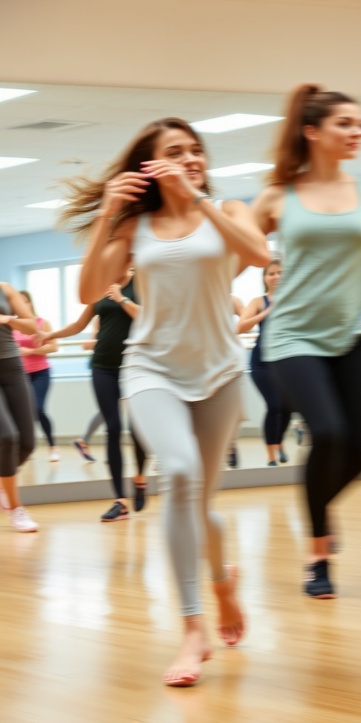 Blurry action shot of a woman participating in a dance class, gracefully moving to the music, with mirrors reflecting her movements and the energy of fellow dancers around her.
