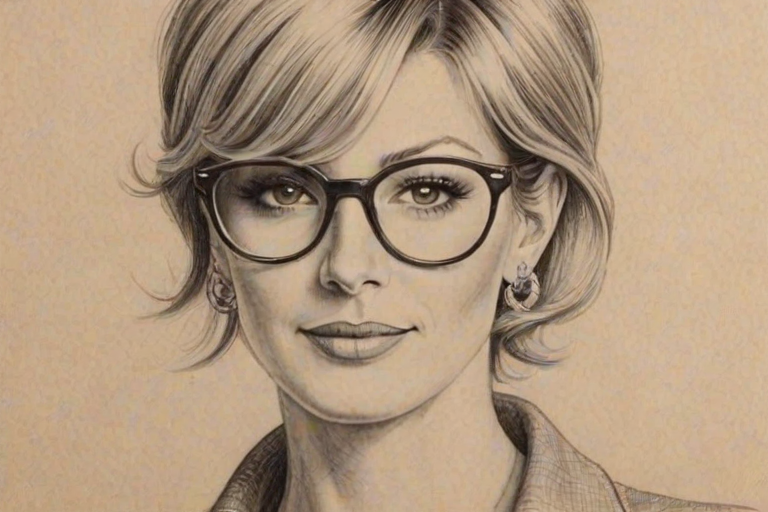 Splendid Faith Hill, pencil sketch, portrait of Delightful woman 1929s in glasses, hair style beatnik, outline, clear lines, fine lines, 8k