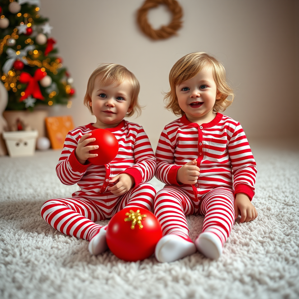Create an image of two children sitting on a soft, plush carpet in matching red and white striped pajamas, holding a red ball and a decorative object, captured from a low angle with a shallow depth of field using a DSLR camera at f/2.8, ISO 200, and 50mm lens for vibrant colors and clarity.