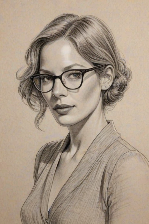 Elegant Sienna Guillory, pencil sketch, portrait of Captivating woman 1930s in glasses, hair style beatnik, outline, clear lines, fine lines, 8k