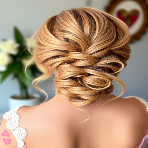 Romantic hair style featuring soft strawberry blonde curls arranged in a low messy bun with wispy face-framing tendrils