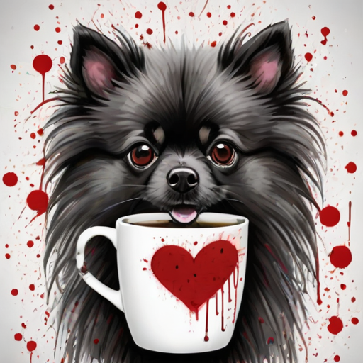 A quirky, artistic illustration of a disheveled german spitz with exaggerated, large eyes and spiky fur, holding a coffee mug that reads "Good Morning". The dog has a tired but humorous expression, with ink splatters and abstract details surrounding it, giving a whimsical feel to the image. The color palette is mostly monochrome with hints of red in the eyes and steam rising from the mug, enhancing the overall sleepy vibe