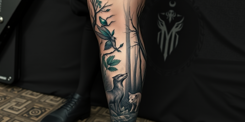 Enchanting body tattoo of a mystical forest scene spanning the entire leg, incorporating photorealistic animals and fairy-tale elements in soft grayscale shading with pops of emerald green