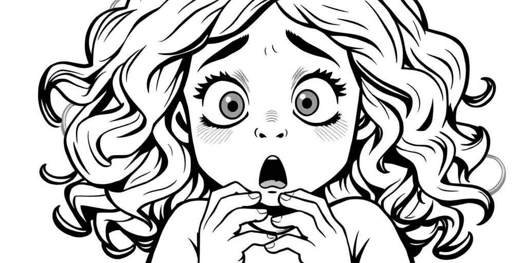 The image is a black and white illustration of a young girl with curly hair. She has a surprised expression on her face with her mouth open and her hands clasped together in front of her chest. Her eyes are wide and her eyebrows are furrowed. Her hair is styled in loose curls that are cascading down her back. The overall mood of the image is one of shock or surprise.