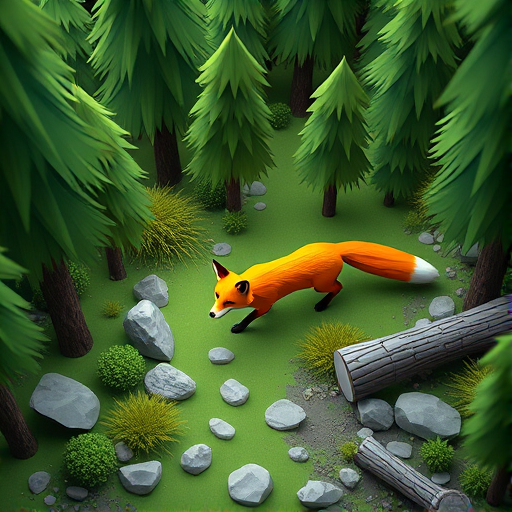 Create a low-poly 3D forest scene with a vibrant orange fox walking among stylized green trees, showcasing rocks and fallen logs, captured with a virtual camera using a wide-angle lens at f/8, ISO 100, 24mm focal length, in a top-down view with ambient occlusion for enhanced depth and shadows.