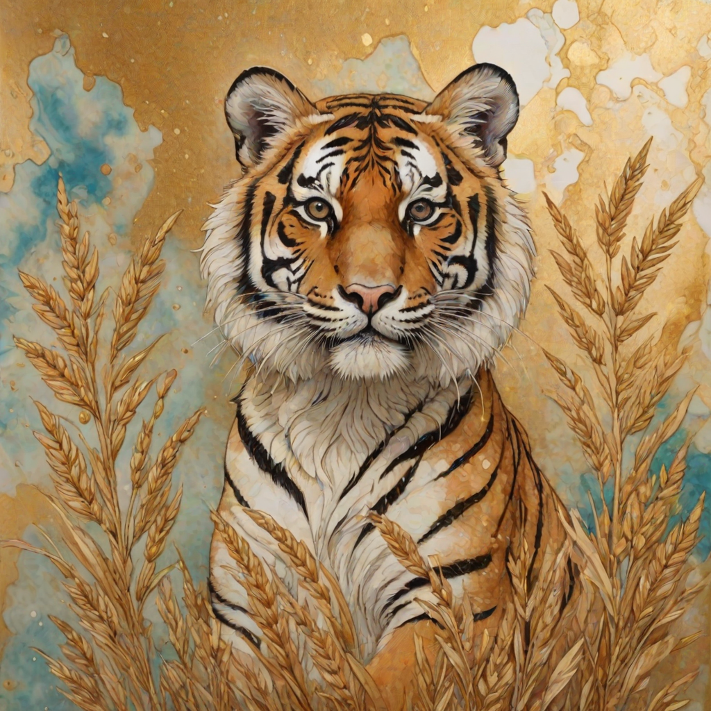 Soft, muted Alcohol Ink with ebru effect background image of tiny whimsical tiger, who climbed high on the top of a golden rye ear.