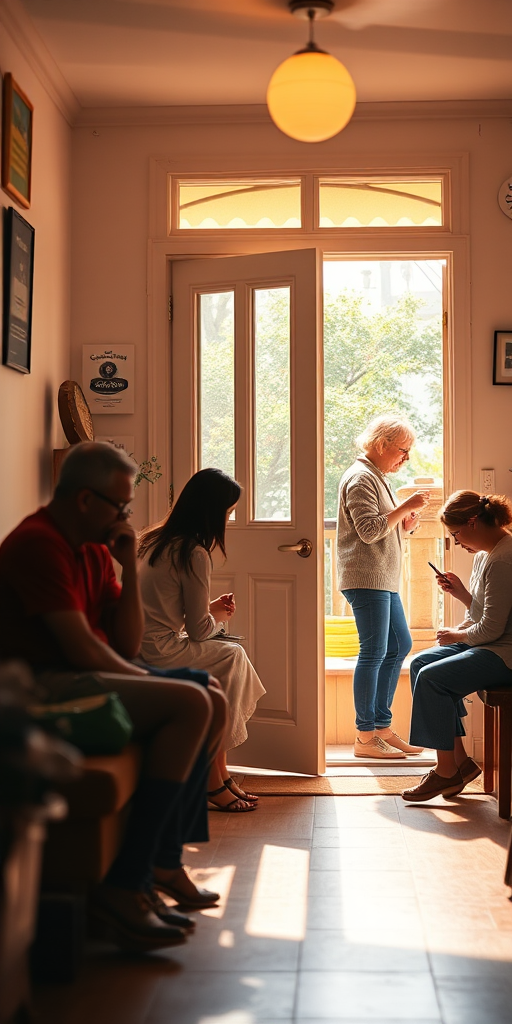 Generate a vibrant, high-resolution image of a cozy interior scene with four figures engaged in various activities, a door slightly ajar revealing an outdoor view, soft natural lighting, taken with a DSLR camera at f/5.6 aperture, ISO 200, 24mm lens, in a warm color palette.