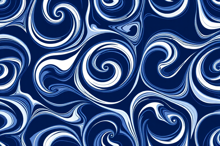 High-resolution seamless pattern of abstract swirls in navy blue and white, captured with a Canon EOS R5, f/8 aperture, 1/100s shutter speed, 50mm lens, top-down view, high dynamic range style.