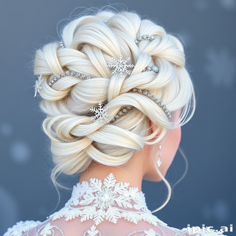 Frosty Winter Whisper presents an icy platinum blonde updo with intricate snowflake-inspired braids and delicate crystal accents woven throughout the elaborate style