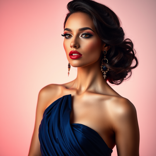 Studio portrait, female model, elegant couture dress, bold makeup, dramatic lighting, Utilize a 50mm portrait lens for crisp details and a soft background blur, 8k