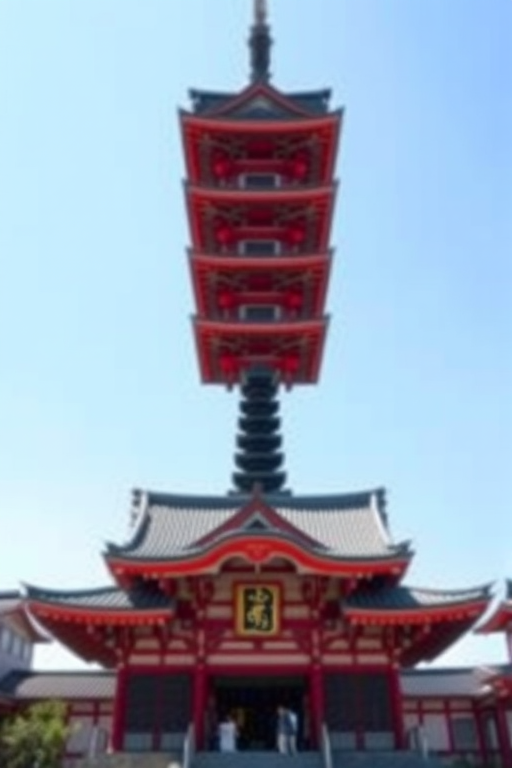 Create a high-resolution vector illustration of a traditional Japanese temple with a blue and red roof, viewed from a low angle, using a DSLR camera, f/8 aperture, 24mm focal length, ISO 100, bright daylight for enhanced clarity and detail.