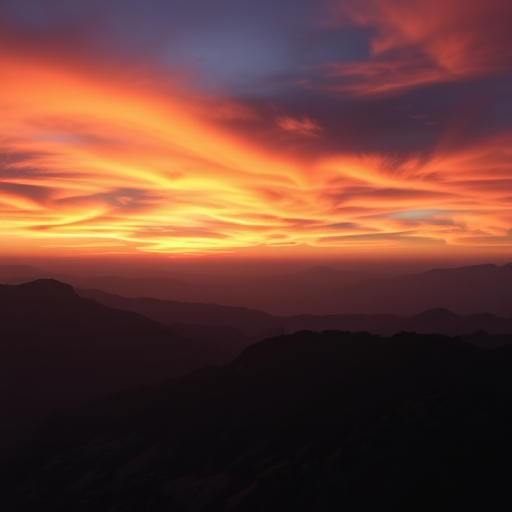 Capture a dramatic sunset over mountainous terrain with vibrant orange and purple clouds, using a DSLR camera, 18mm lens, aperture f/8 for depth of field, ISO 100, and a shutter speed of 1/125 seconds.