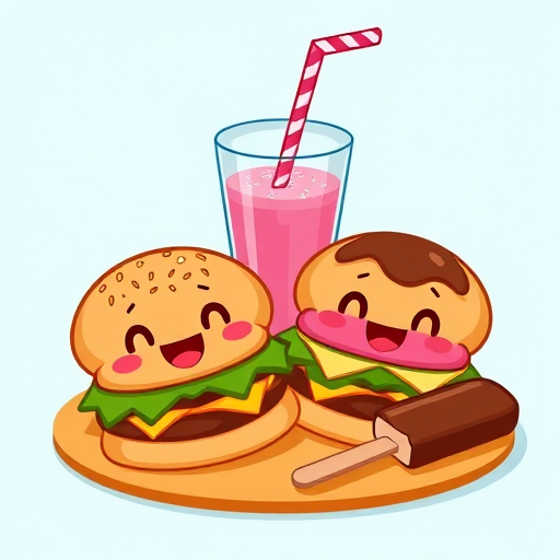 Create a colorful vector illustration of a cheerful cartoon-style meal with two smiling burgers, a bright pink drink with a straw, and a chocolate-dipped ice cream bar, camera type: digital, camera style: flat lay, camera view: top-down shot, aperture: f/2.8, ISO: 100, shutter speed: 1/60s.
