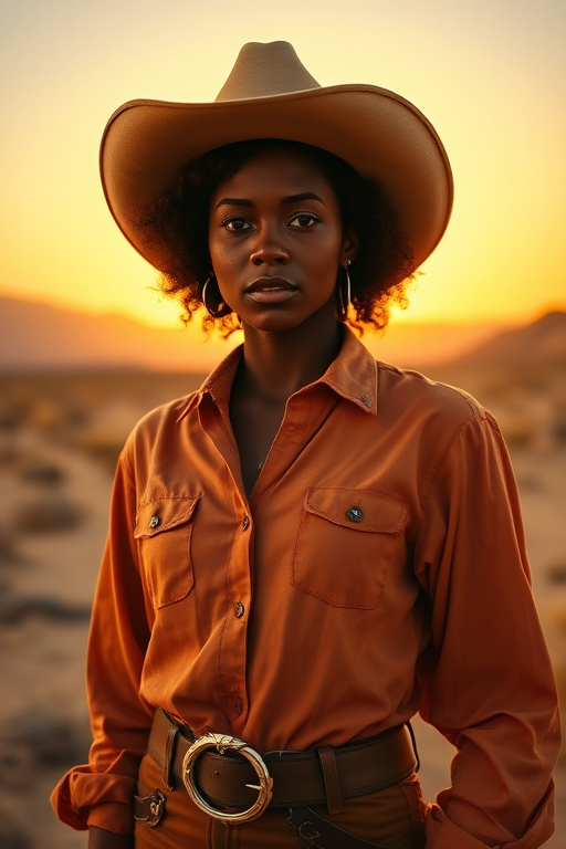 Dramatic photo of a beautiful Afro-Caribbean woman, classic cowboy attire, confident and free spirit expression, half-length portrait, centered, golden hour desert landscape, warm, diffused light, low angle, medium format film camera, in style of Annie Leibovitz.