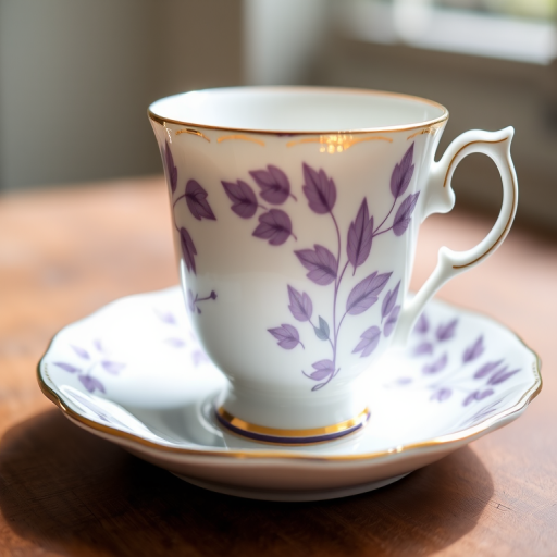 Create a high-resolution image of an elegant porcelain teacup and saucer featuring delicate purple floral patterns, captured with a DSLR camera at f/2.8 aperture, ISO 100, 50mm lens, natural light, and a shallow depth of field for a soft background.