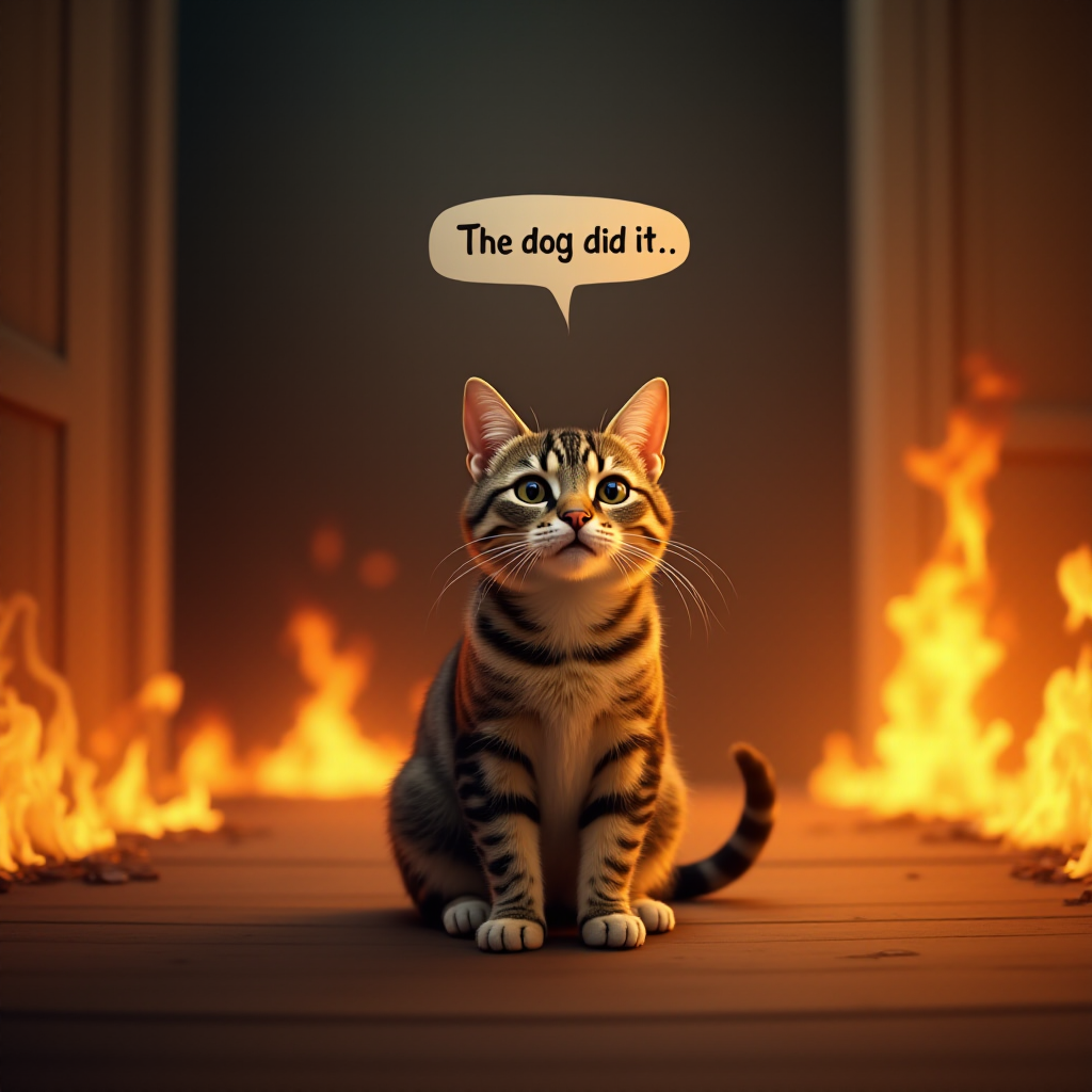 Photorealistic image of an innocent-looking cat sitting calmly in the middle of a burning room. Flames engulf the room, with fire licking up the walls and smoke filling the air. The cat is sitting on the floor, looking directly at the viewer with wide, innocent eyes. Above the cat, a speech bubble says "The dog did it". The contrast between the cat's calm demeanor and the chaos around it creates a humorous and surreal scene.