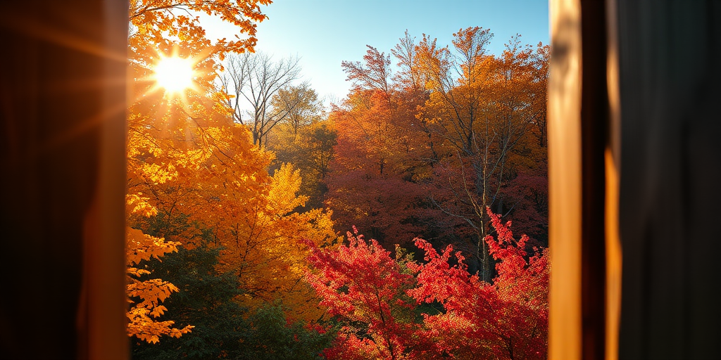 A vibrant autumn landscape view through a wooden frame with colorful foliage, warm sunlight filtering through trees, Canon EOS R5, f/8, ISO 100, 24mm, HDR photography, soft focus.