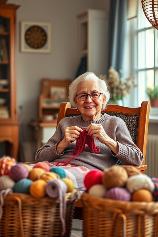 A cozy indoor scene featuring an elderly woman with glasses sitting in a wooden chair, smiling while holding knitting needles and surrounded by a basket of colorful yarn, natural light from a nearby window softly illuminating the room, shot with a DSLR camera, 50mm lens, aperture f/2.8, ISO 200, with a warm color tone and shallow depth of field to enhance detail and focus on the subject.